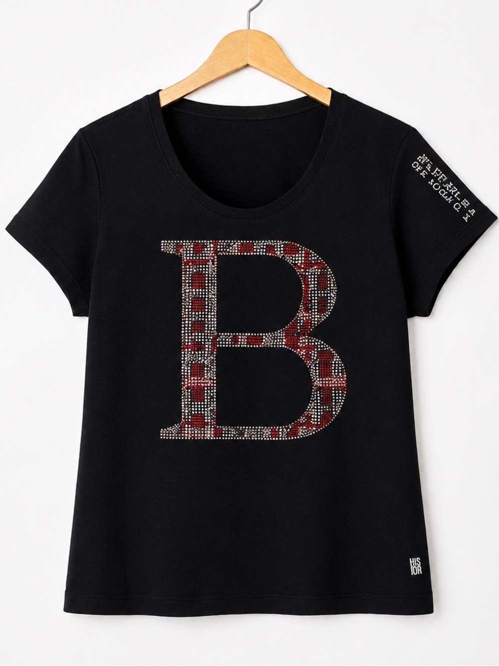 Burberry Black Tee with the tartan Patterned B embellishment with rhinestones M